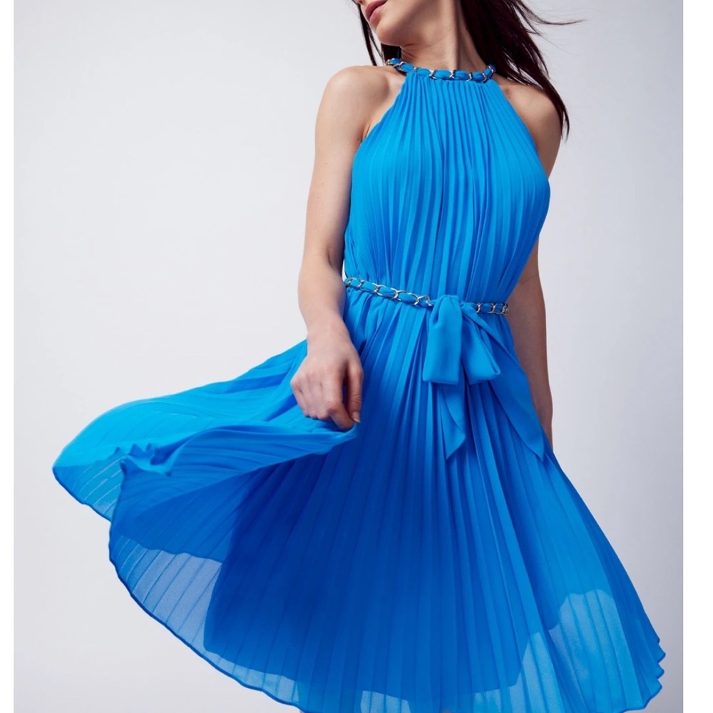 WHBM stunning Pleated Halter Dress with Chain Detail Blue